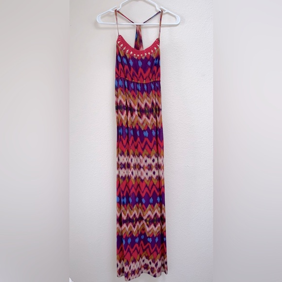 Mossimo Rayon Crochet, Wood Bead Colorful Zig Zag Halter Maxi Dress, Size Medium - Picture 3 of 13